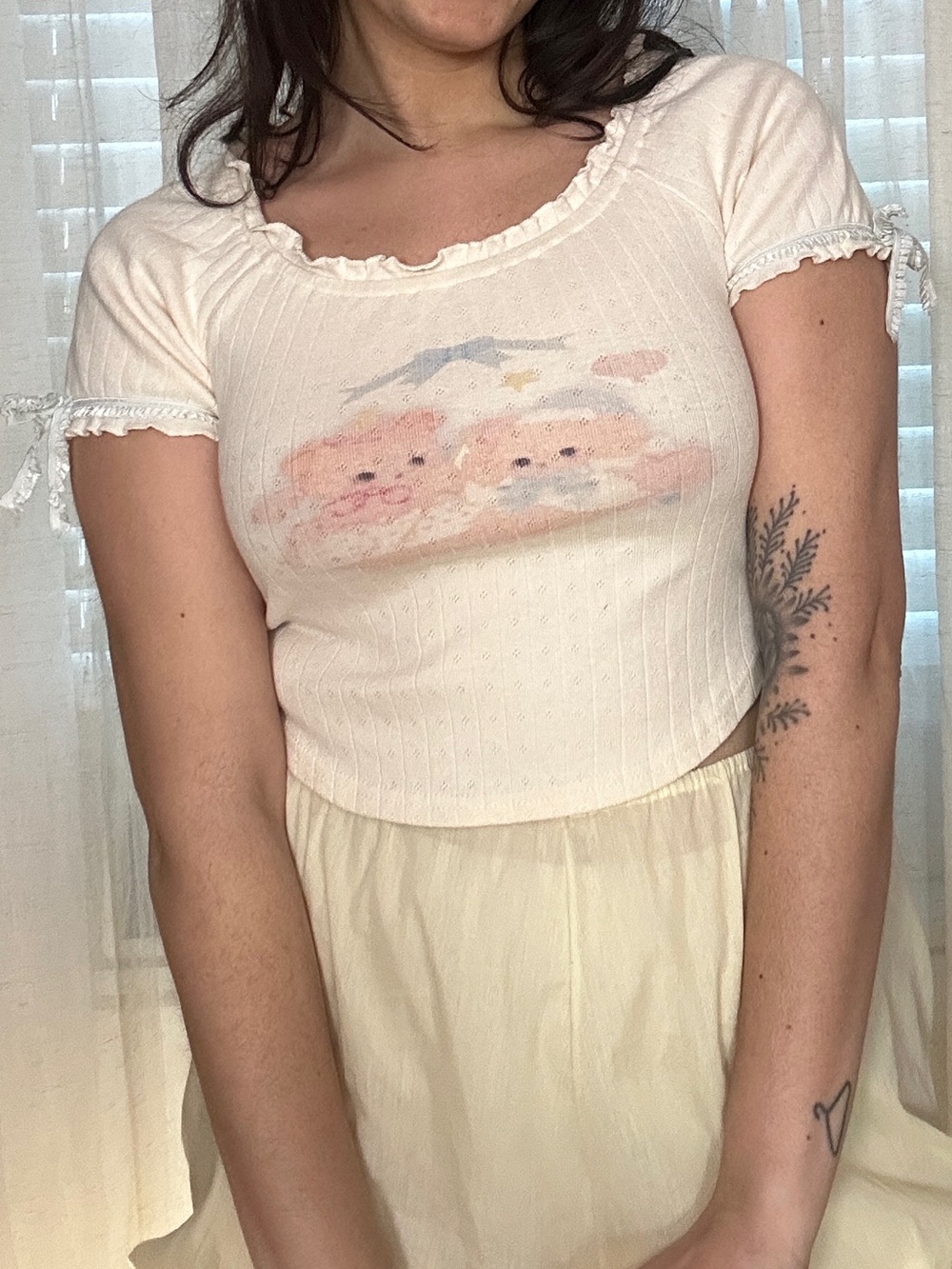 Cream Short-Sleeve Ruffle Neck Top with Cute Bear Print